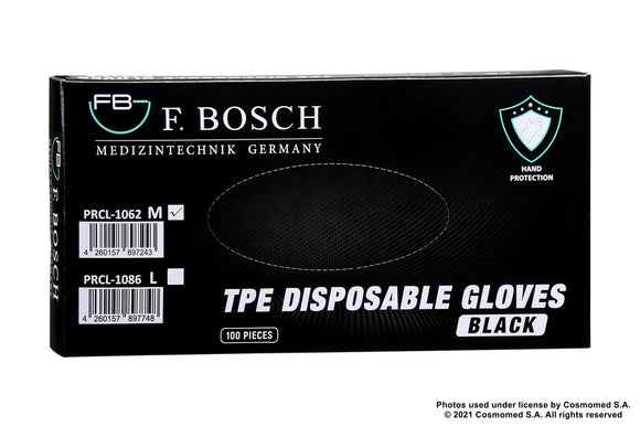 Γάντια TPE μιας Χρήσης F.Bosch Μαύρο Χωρίς Πούδρα (100τμχ)
